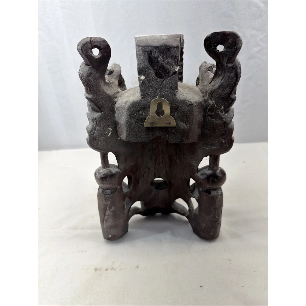 Vtg Asian Chinese Deity Carved Wood Emperor Wall Mask Carving Dragons 12x8.25